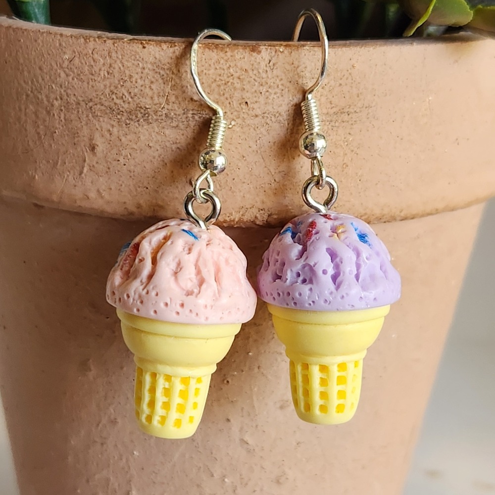 Handmade Ice Cream Cone Dangle Earrings Pastel Pink Purple Sprinkle Foodie Drop
